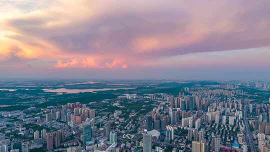 武汉城市湖泊大江大河高空日落晚霞航拍延时