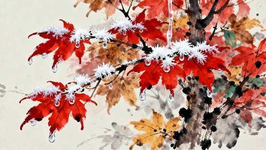 中式水墨红叶带雪画面素材