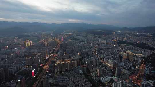 福建龙岩城市夜幕降临晚霞夜景灯光航拍