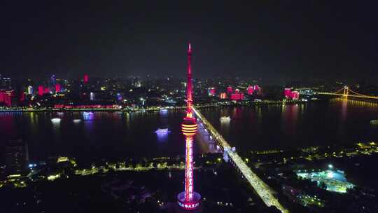 湖北省武汉市汉阳区龟山电视塔夜景航拍4k