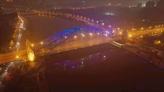 航拍大雾天气天津海河国泰桥夜景