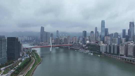 航拍阴雨天气下的重庆城市天际线