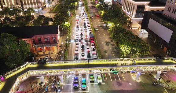 杭州城区庆春路延安路十字路口交通夜景航拍