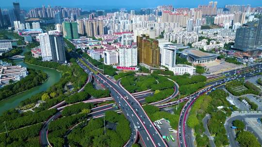 航拍城市交通道路立交桥高架桥十字路口车流