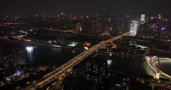 航拍广州大桥交通夜景