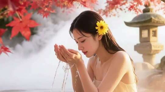 女子于枫叶下捧水洗脸