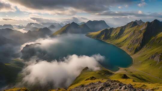 山间湖泊云雾环绕全景