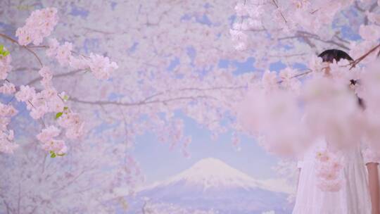 春天唯美浪漫写意小女孩富士山下拍照许愿