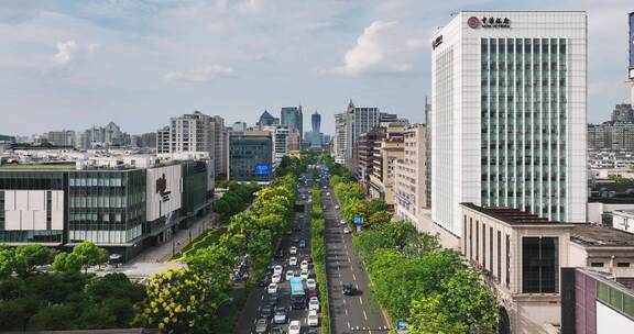 航拍杭州延安路商业中心现代都市风光