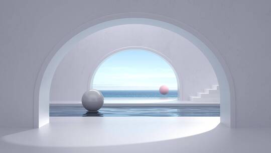 海边半圆形门洞建筑内水面上随流漂移的小球
