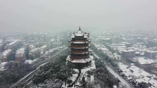 武汉黄鹤楼雪景航拍素材