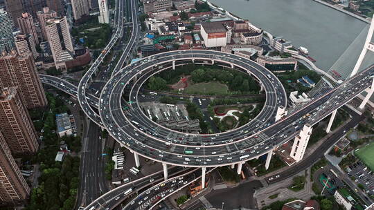 4K上海无人机拍摄南浦大桥全景车流交通