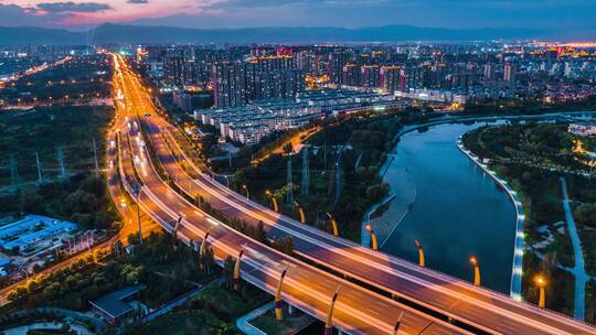 中国内蒙古呼和浩特市牛角桥航拍夜景延时