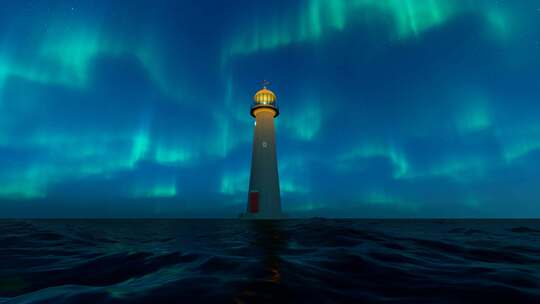 夜晚星空和北极光下的海上灯塔