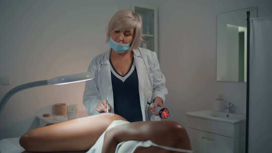 美容师准备沙龙女人的激光治疗在腿上涂抹冷