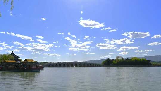 蓝天白云北京颐和园皇家园林天际线风景延时