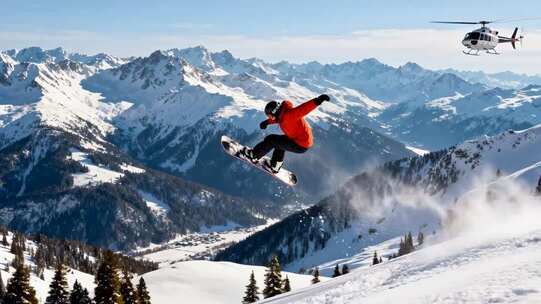 雪山滑雪者空中飞跃画面