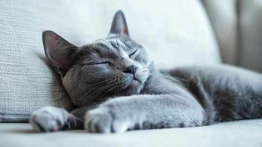 慵懒灰猫沙发小憩享受惬意时光