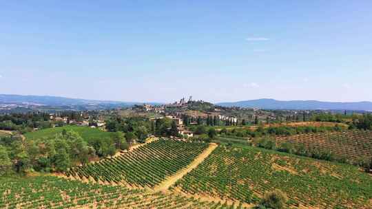 托斯卡纳乡村用无人机拍摄的葡萄酒田的夏季背景小村庄