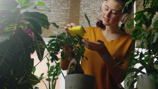 美丽的年轻女子在家里用很多植物做日常家务