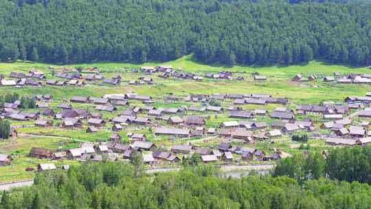 中国新疆北疆阿勒泰禾木村原始村庄夏天风景