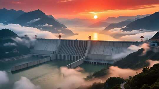 航拍云雾缭绕下的长江三峡大坝日出壮丽延时