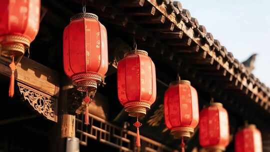 古建筑下悬挂的红色灯笼