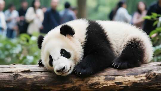 趴在木头上休息的大熊猫