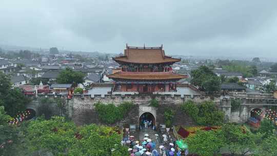 航拍云南大理古城南门正面古镇风景