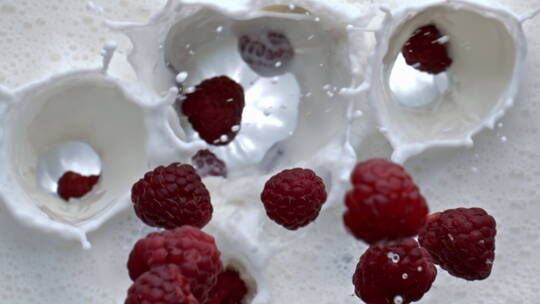 树莓掉落进牛奶视频素材模板下载