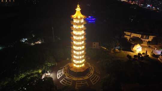 湖北鄂州莲花山元明塔夜景航拍