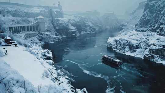 冬天长江三峡两岸积雪风景