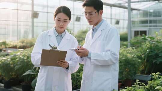 温室科研人员查看记录数据