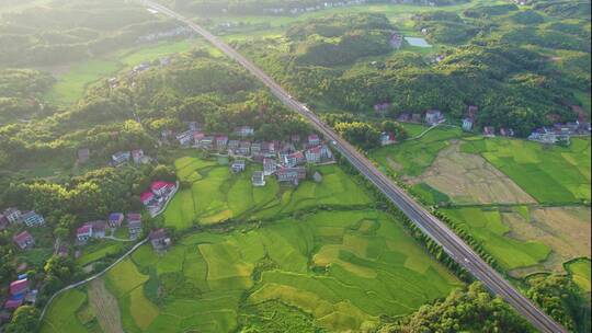 航拍乡村稻田自然风光高速公路4k视频