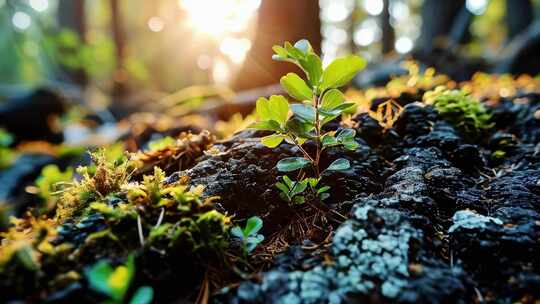 森林中绿色幼苗发芽万物复苏植物生长春季节
