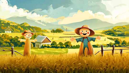 合集 各种稻草人卡通动画 金黄稻田 秋收
