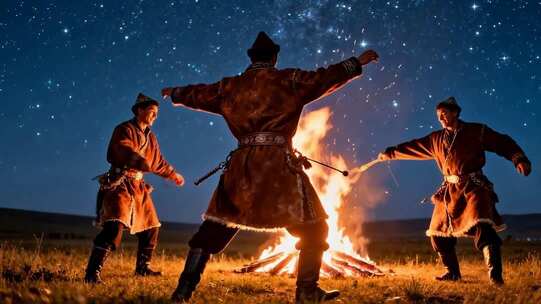 身着民族服饰者篝火旁起舞