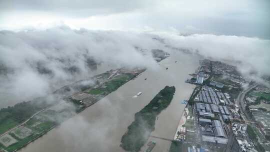 高空云海俯瞰下的琶洲东区和珠江江心岛