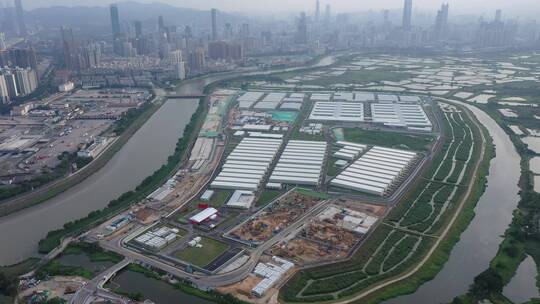 香港河套地区落马洲方舱建设4k上升航拍