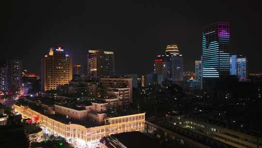 航拍福建厦门市中心城市天际线夜景风光