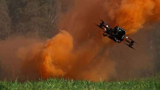 无人机低空飞行穿过烟雾慢动作
