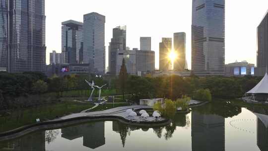 上海陆家嘴中心绿地建筑群日落航拍
