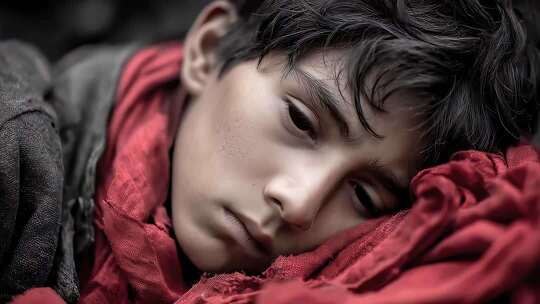 疲惫男孩安睡于红布之上