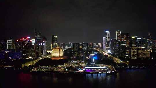 航拍浙江杭州钱江新城城市阳台夜景