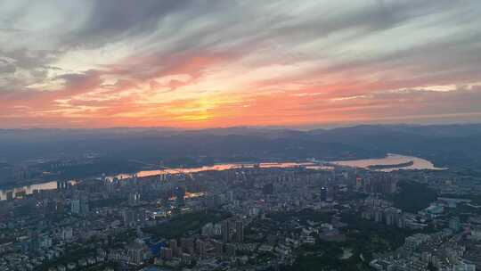 航拍宜昌城市晚霞风景