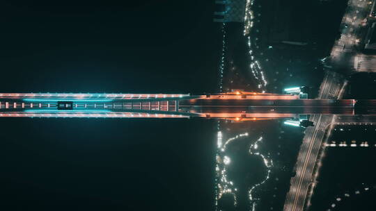4K上海航拍卢浦大桥夜景俯视中景横移