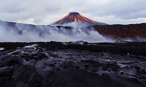 火山喷发场景烟雾缭绕岩浆流淌