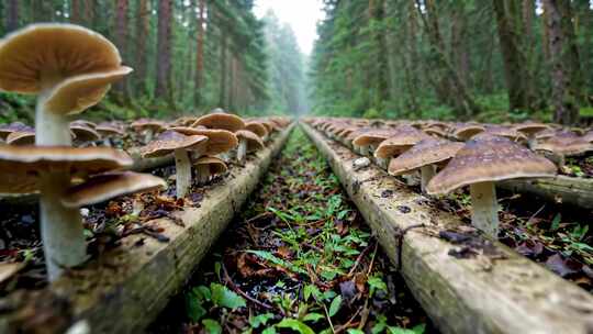 森林中木头上生长的蘑菇