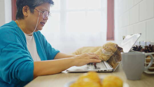 亚洲资深女性使用笔记本电脑工作，橙色的猫