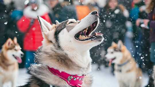 雪地中张嘴嚎叫的哈士奇犬特写画面